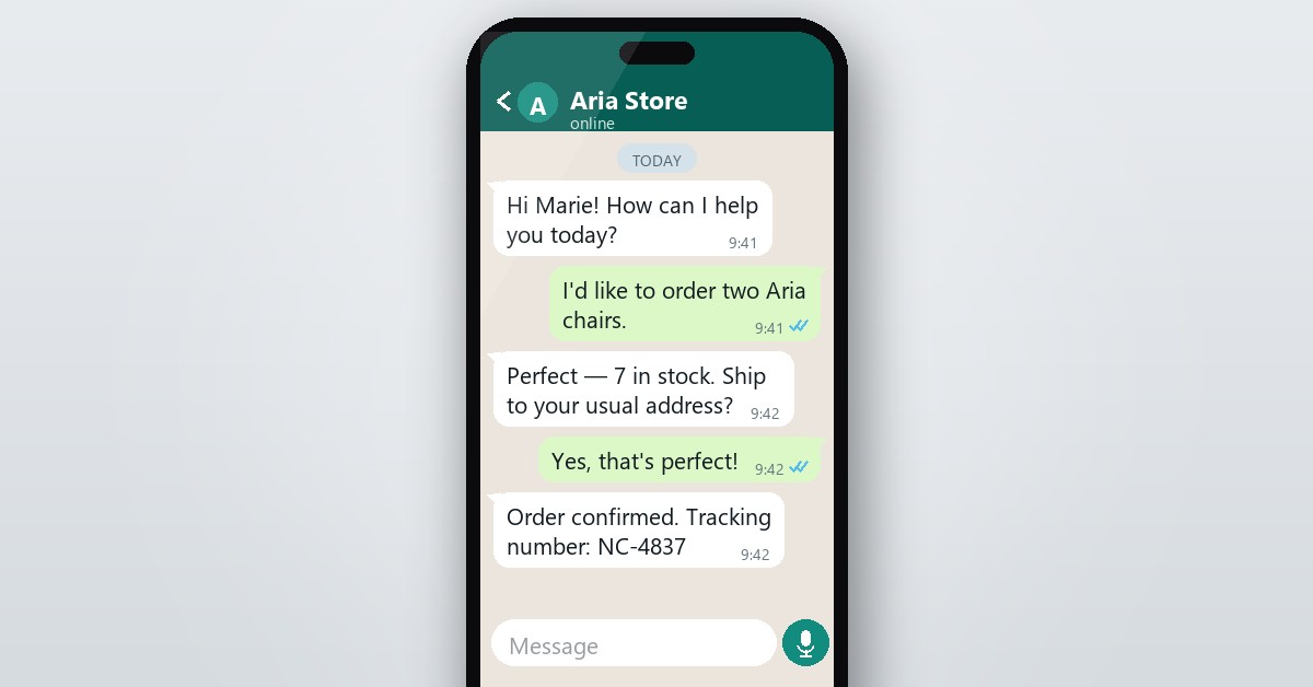 WhatsApp order-taking conversation in English with a Netcoder AI agent