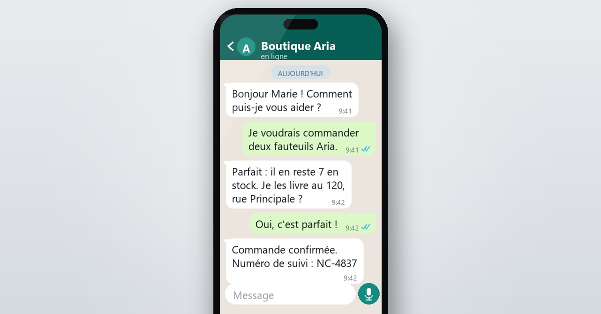 Conversation WhatsApp de prise de commande en français avec un agent IA Netcoder